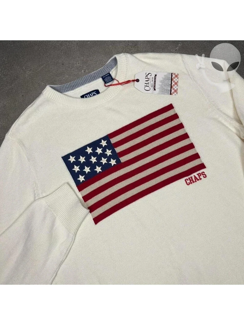 Chaps Mens American Flag Crewneck Sweater Cream Cotton Size XL New